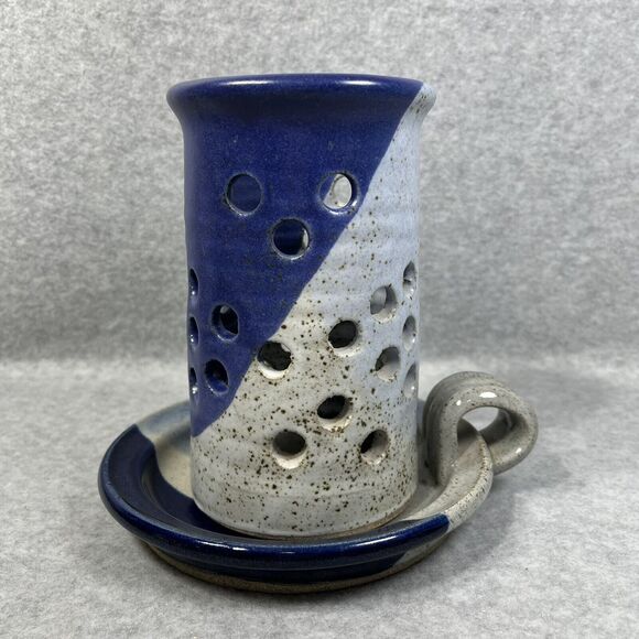 Pottery Candlestick Holder With Luminary Votive Shade Stoneware Blue Glaze 2 Pc - Picture 10 of 14